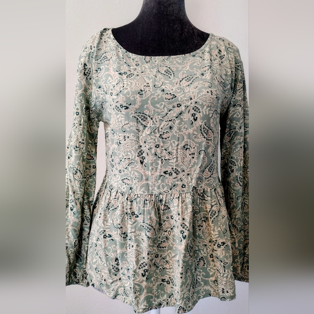 LOFT Green and Blue Peplum Long Sleeve Blouse, Size XS